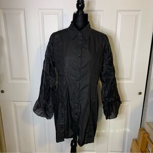WOWO Black Puff Sleeves Button Down Dress